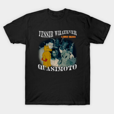 Black graphic T-shirt with colorful abstract design and text, casual wear, 100% cotton, unisex style.