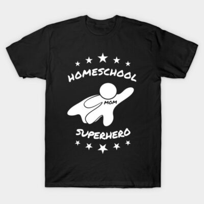 Black "Homeschool Superhero" T-shirt with white graphic design, ideal for casual wear, 100% cotton.