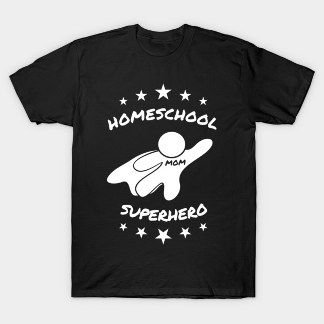 Black "Homeschool Superhero" T-shirt with white graphic design, ideal for casual wear, 100% cotton.