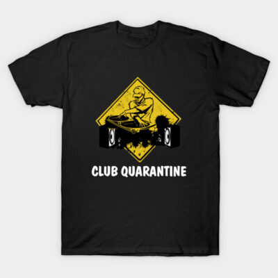 Black "Club Quarantine" T-shirt with yellow DJ graphic, casual unisex fit, cotton material, music-themed design.