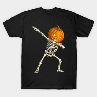 Black Halloween t-shirt with dabbing skeleton and pumpkin head design, perfect for festive occasions and casual wear.