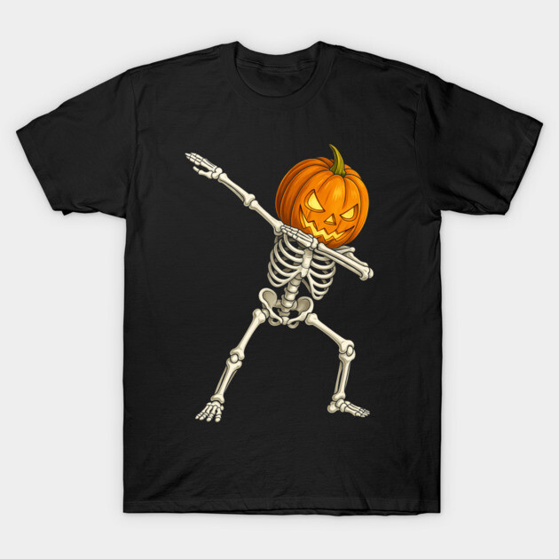 Black Halloween t-shirt with dabbing skeleton and pumpkin head design, perfect for festive occasions and casual wear.