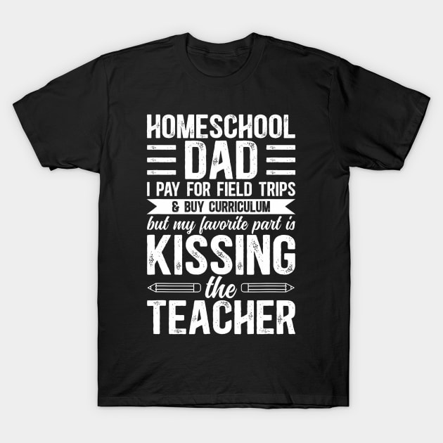 Black t-shirt with "Homeschool Dad" humorous white text, casual style, perfect for gifting and everyday wear.