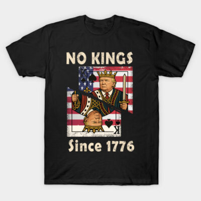 Black T-shirt with "No Kings Since 1776" graphic, American flag background, playing card style, cotton material.