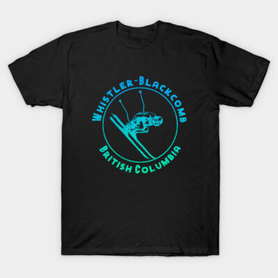 Black T-shirt with turquoise ski design, featuring "Whistler-Blackcomb, British Columbia" text. Casual, cotton fabric.