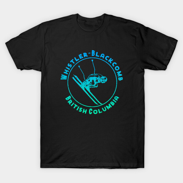 Black T-shirt with turquoise ski design, featuring "Whistler-Blackcomb, British Columbia" text. Casual, cotton fabric.
