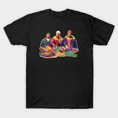 Black graphic t-shirt featuring colorful sneaker design, casual style, soft cotton material, ideal for everyday wear.