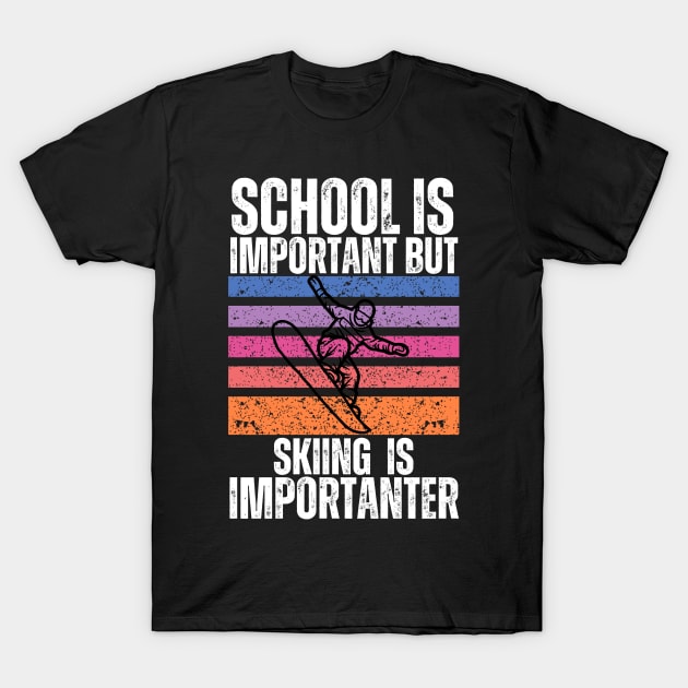 Black T-shirt with colorful retro skiing design and "School Is Important But Skiing Is Importanter" text. Casual wear.