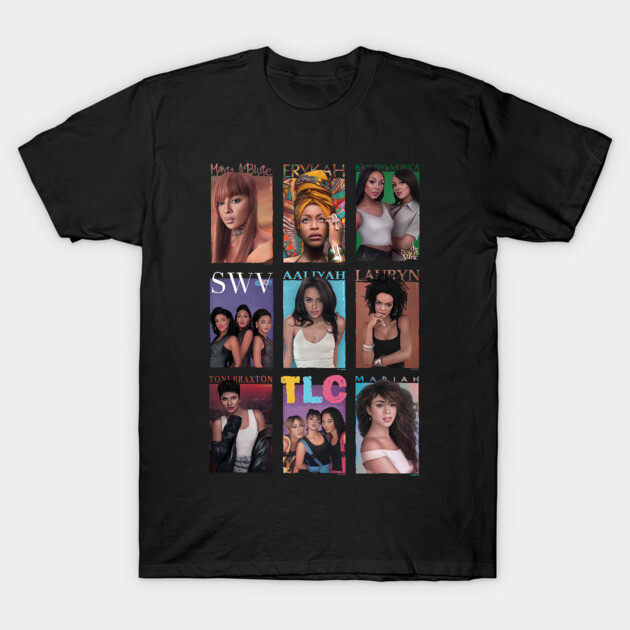Black unisex t-shirt featuring retro music icons collage, perfect for casual wear and music enthusiasts.