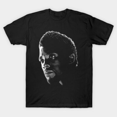 Black T-shirt with artistic monochrome face design, cotton material, casual wear, unisex style.