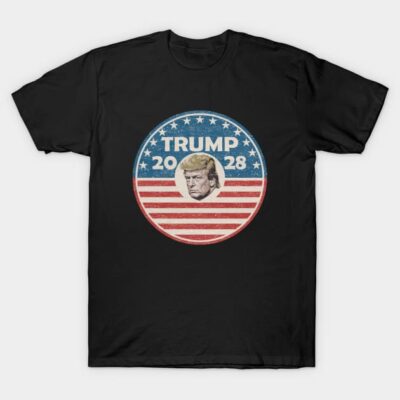 Black T-shirt with 2028 election-themed graphic, featuring stars and stripes, casual style, soft cotton material.