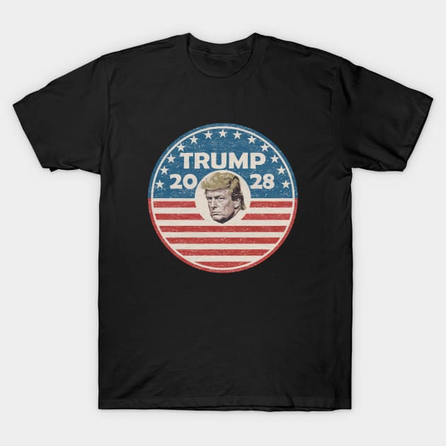 Black T-shirt with 2028 election-themed graphic, featuring stars and stripes, casual style, soft cotton material.