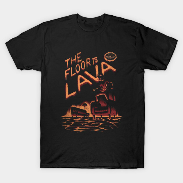 Black "The Floor is Lava" graphic t-shirt featuring a fiery red design, perfect for casual wear and gifting.