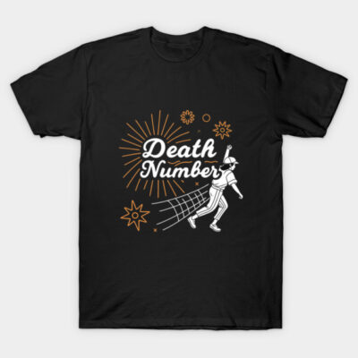 Black T-shirt with "Death Number" graphic, featuring a baseball player design, casual style, comfortable cotton material.