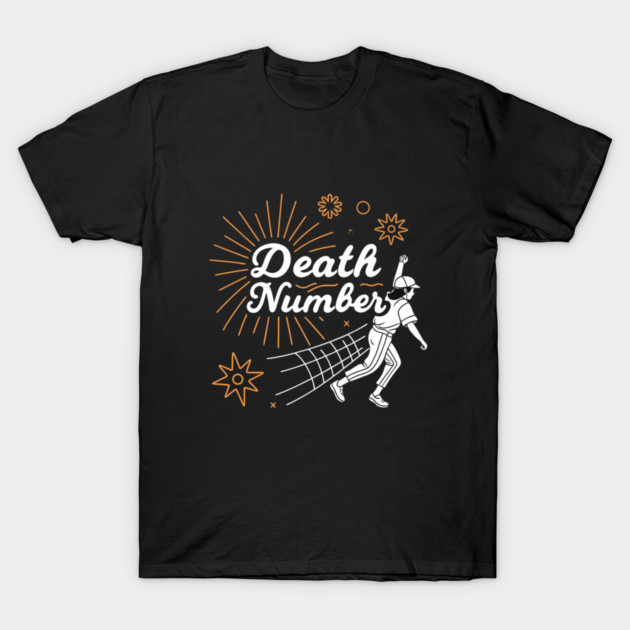 Black T-shirt with "Death Number" graphic, featuring a baseball player design, casual style, comfortable cotton material.