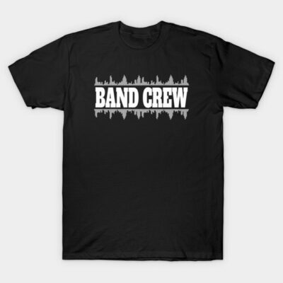 Black band crew t-shirt with white soundwave graphic, casual cotton attire for music events and band enthusiasts.