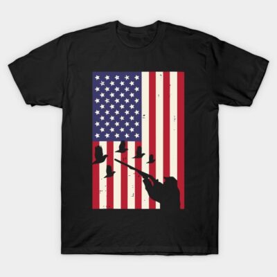 Black t-shirt with USA flag and hunting silhouette design, suitable for casual wear, made of cotton.