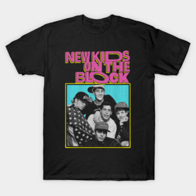 Black graphic tee with retro design, featuring colorful text and vintage image, casual cotton t-shirt for fans.