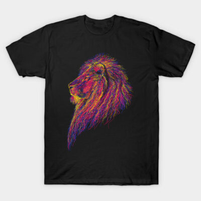 Black T-shirt with vibrant neon lion graphic, unisex casual wear, cotton material, perfect for everyday style.