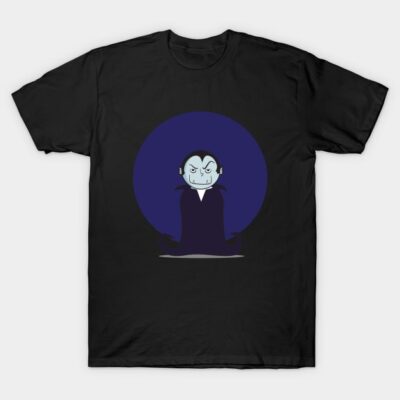 Black t-shirt featuring cartoon vampire design, perfect for Halloween. Comfortable cotton material, casual style.