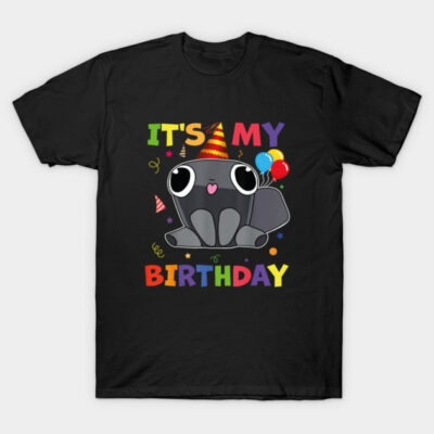 Black birthday T-shirt with cute cartoon character and colorful "It's My Birthday" text, party hat, and balloons.