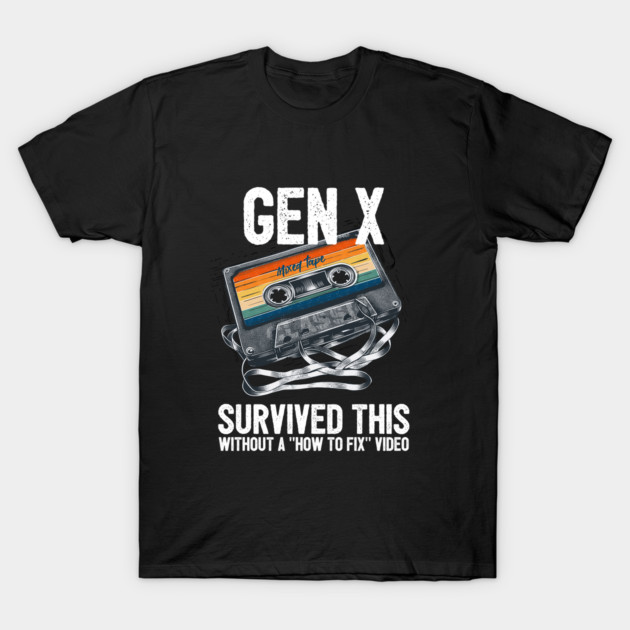 Black Gen X novelty t-shirt with retro cassette tape graphic, ideal for casual wear, soft cotton material.