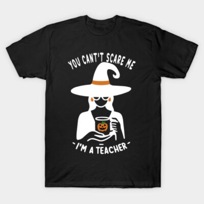 Black Halloween teacher-themed T-shirt, witch hat graphic, pumpkin mug, humorous text, casual style, unisex cotton.