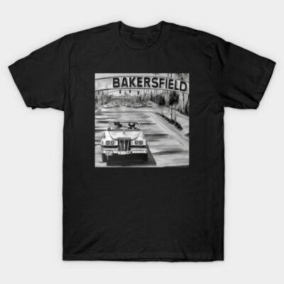 Black T-shirt featuring Bakersfield street scene graphic, casual style, soft cotton material, ideal for everyday wear.