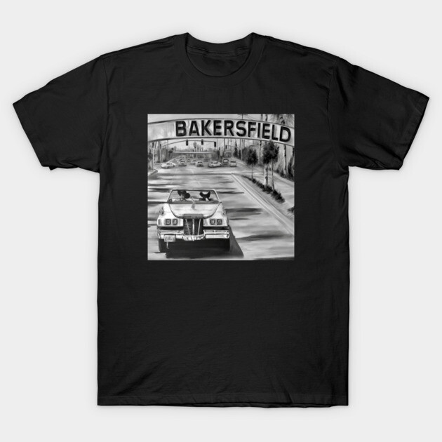 Black T-shirt featuring Bakersfield street scene graphic, casual style, soft cotton material, ideal for everyday wear.
