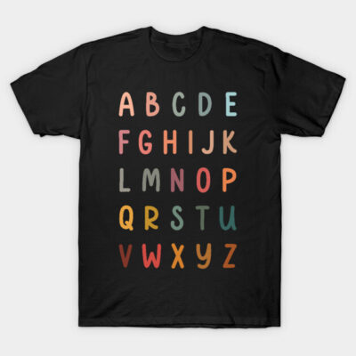 Black t-shirt with colorful alphabet design, casual style, cotton material, perfect for everyday wear.