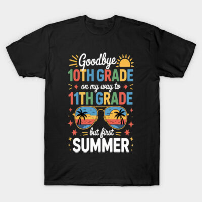 Black "Goodbye 10th Grade" t-shirt with colorful summer graphic, ideal for students, casual wear, cotton material.