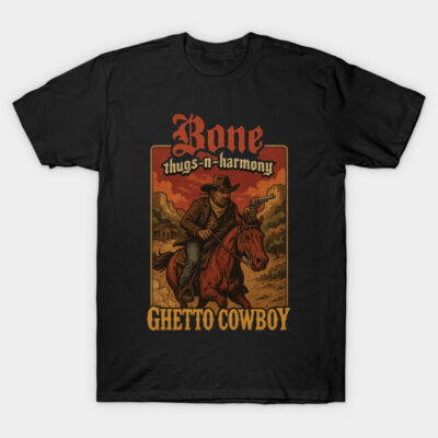 Black graphic t-shirt featuring western cowboy design with "Bone Thugs-n-Harmony" and "Ghetto Cowboy" text.