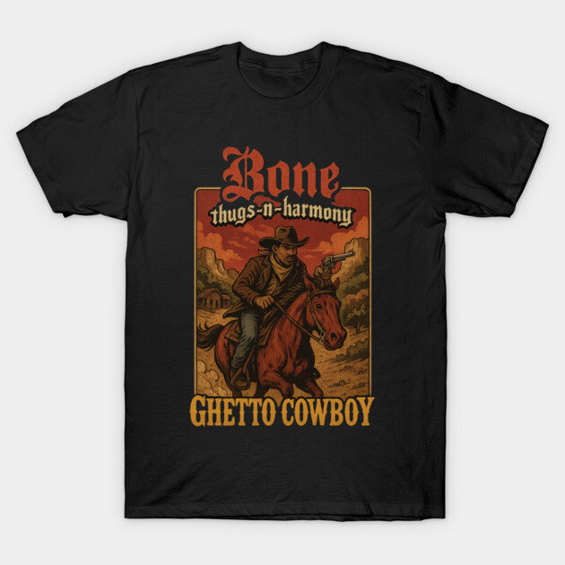 Black graphic t-shirt featuring western cowboy design with "Bone Thugs-n-Harmony" and "Ghetto Cowboy" text.