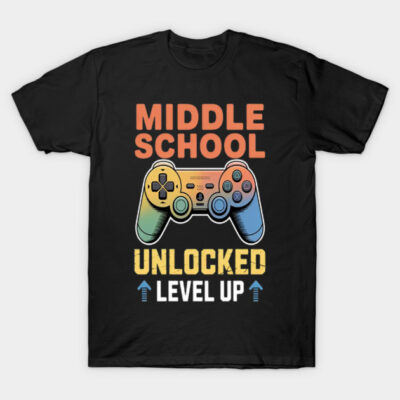 Black T-shirt with colorful game controller graphic and "Middle School Unlocked Level Up" text, casual style.