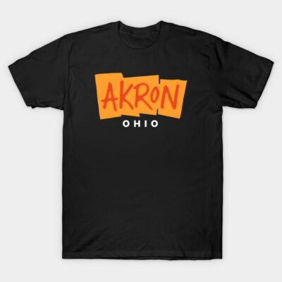 Black Akron Ohio graphic T-shirt, casual cotton tee with bold orange and white text, perfect for everyday wear.