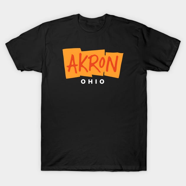 Black Akron Ohio graphic T-shirt, casual cotton tee with bold orange and white text, perfect for everyday wear.