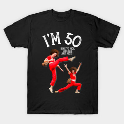 Black novelty t-shirt with "I'm 50" slogan, featuring playful graphics. Perfect for birthdays or humorous occasions.