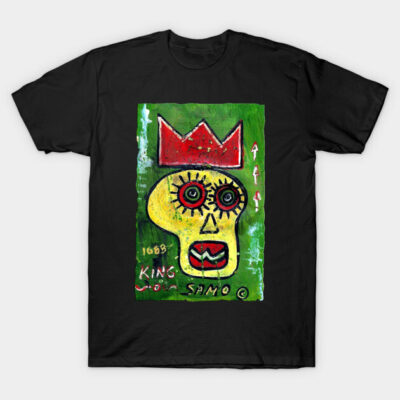 Black t-shirt featuring colorful abstract art design with crown and skull motif, suitable for casual wear.