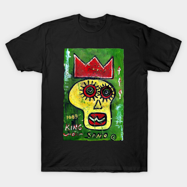 Black t-shirt featuring colorful abstract art design with crown and skull motif, suitable for casual wear.