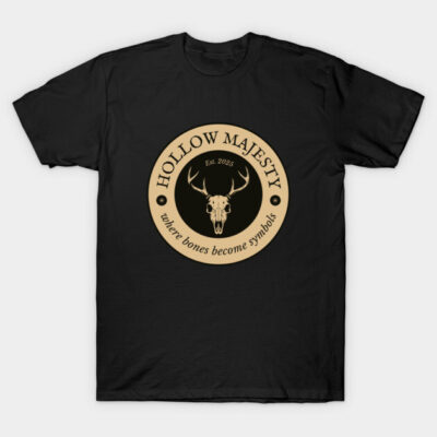 Black T-shirt with "Hollow Majesty" beige logo, featuring deer skull design. Casual style, perfect for everyday wear.