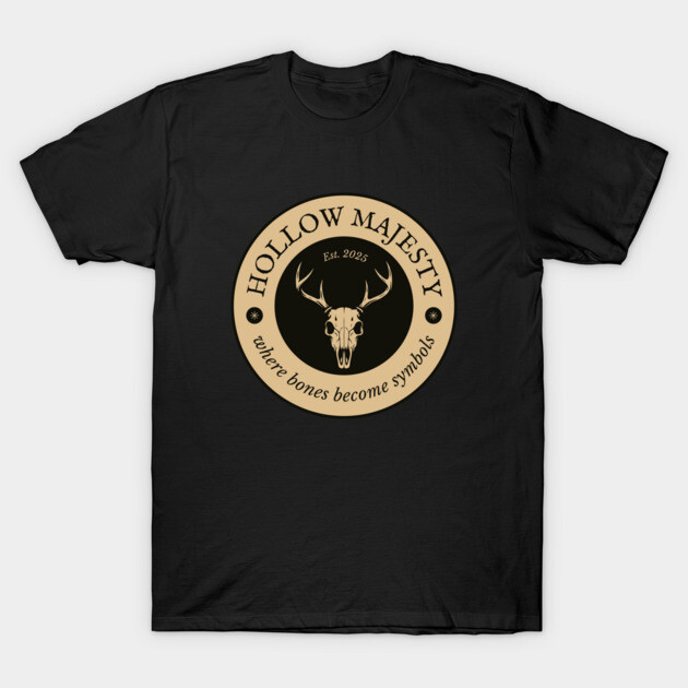 Black T-shirt with "Hollow Majesty" beige logo, featuring deer skull design. Casual style, perfect for everyday wear.