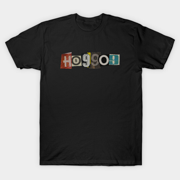 Black graphic t-shirt with colorful ransom note design, casual style, cotton material. Ideal for everyday wear.