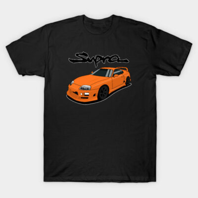 Black T-shirt with orange sports car graphic, casual style, cotton material, ideal for car enthusiasts.