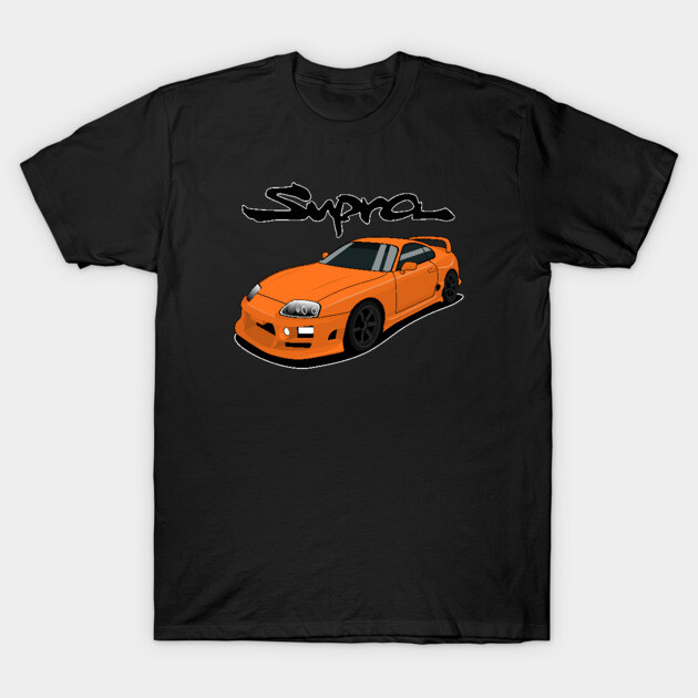 Black T-shirt with orange sports car graphic, casual style, cotton material, ideal for car enthusiasts.