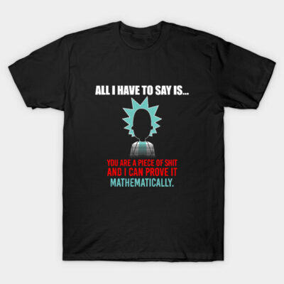 Black graphic t-shirt with humorous text and abstract design, casual wear, cotton material.
