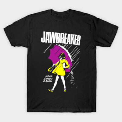Black graphic t-shirt with colorful umbrella design, vintage style, cotton fabric, casual wear.