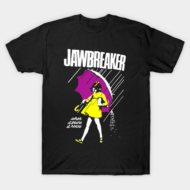 Black graphic t-shirt with colorful umbrella design, vintage style, cotton fabric, casual wear.