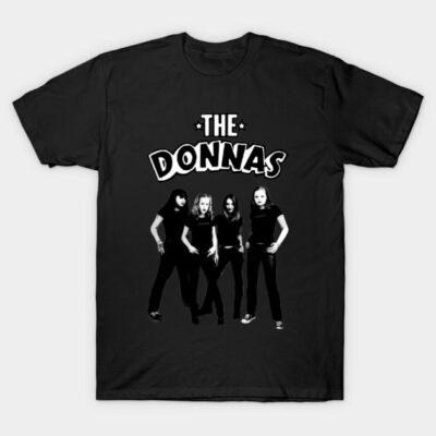 Black graphic t-shirt featuring "The Donnas" print, rock band style, casual wear, 100% cotton.