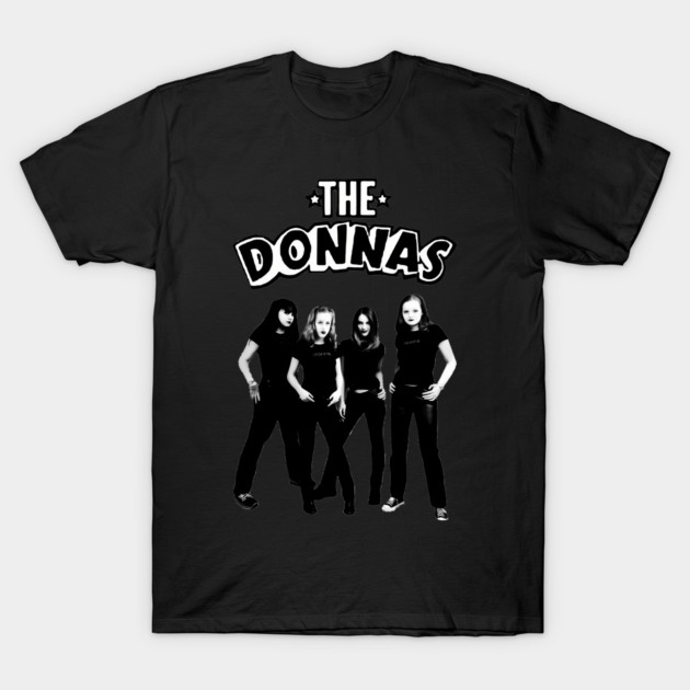 Black graphic t-shirt featuring "The Donnas" print, rock band style, casual wear, 100% cotton.