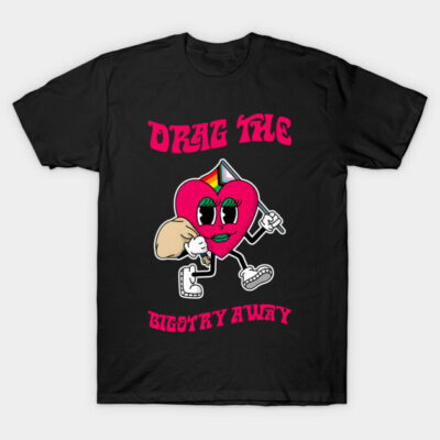 Black unisex t-shirt with colorful heart design and bold text, promoting unity and inclusivity. Casual wear.